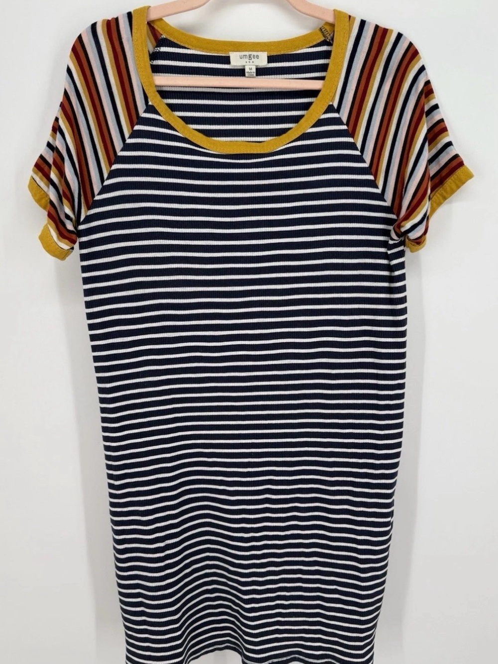 Umgee Striped T-Shirt‎ Dress M Navy Blue White Yellow Mixed Stripe Raglan Mini